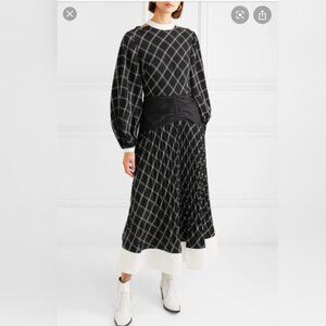 Self-Portrait Pleated Checked Matte-Satin Dress Size 2